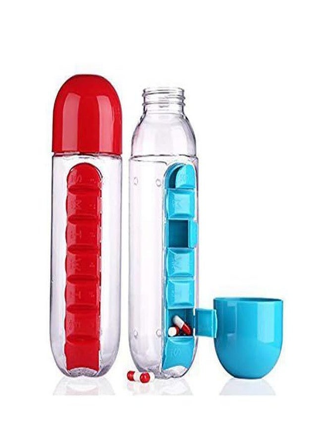 SEASPIRIT Plastic Pill Organizer Water Bottle with Weekly 7 Compartments, 600ml (Multicolour)